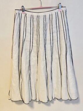 Carole Little Linen Flare Pleated Midi Skirt White Black Stripes Womens Size 4